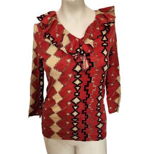 Lauren Ralph Lauren Aztec Print Top Ruffle Neck Boho Western Knit M